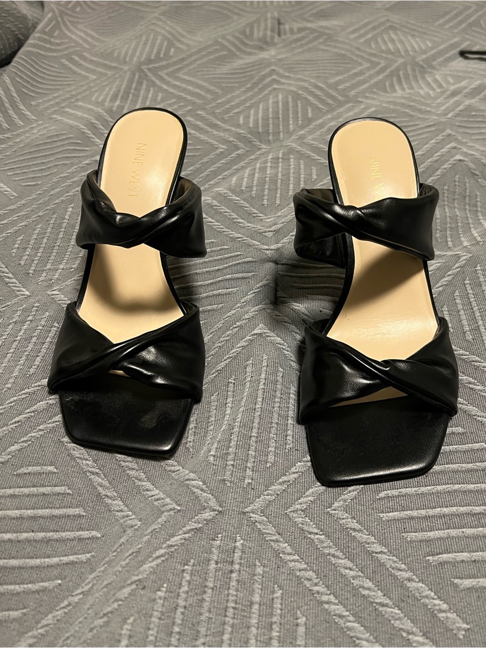 Nine West Black Twisted Double-Strap Slide Heels